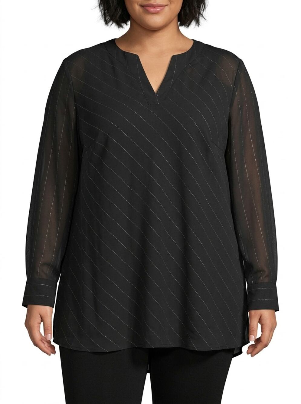 Ashley Stewart Gray Striped Sheer Lined V-Neck Tunic Blouse Women Size 20